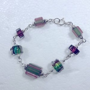 ARTISAN LAMPWORK GREEN PURPLE PINK BRACELET STERLING SILVER